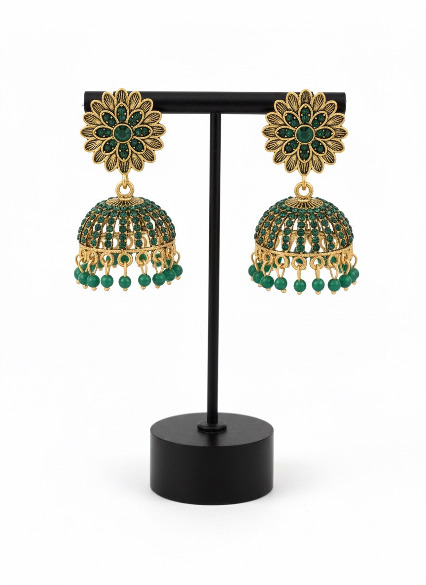 Antique Gold-Toned Emerald Green Jhumka Earrings