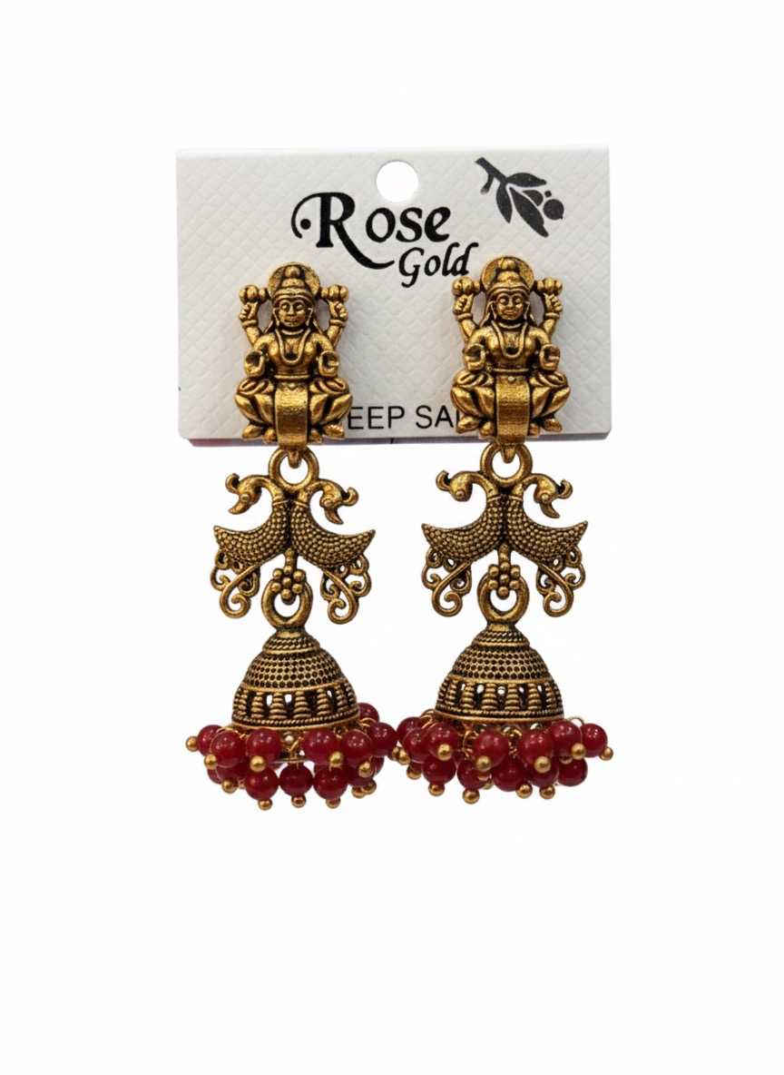 Antique Gold Finish Lakshmi & Peacock Temple Jhumka Earrings with Red Beads