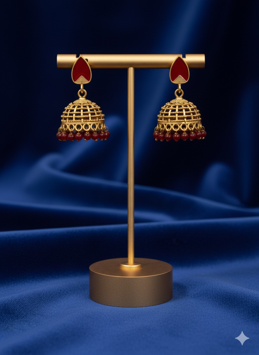 Traditional Gold-Toned Red Enamel and Beaded Jhumka Earrings