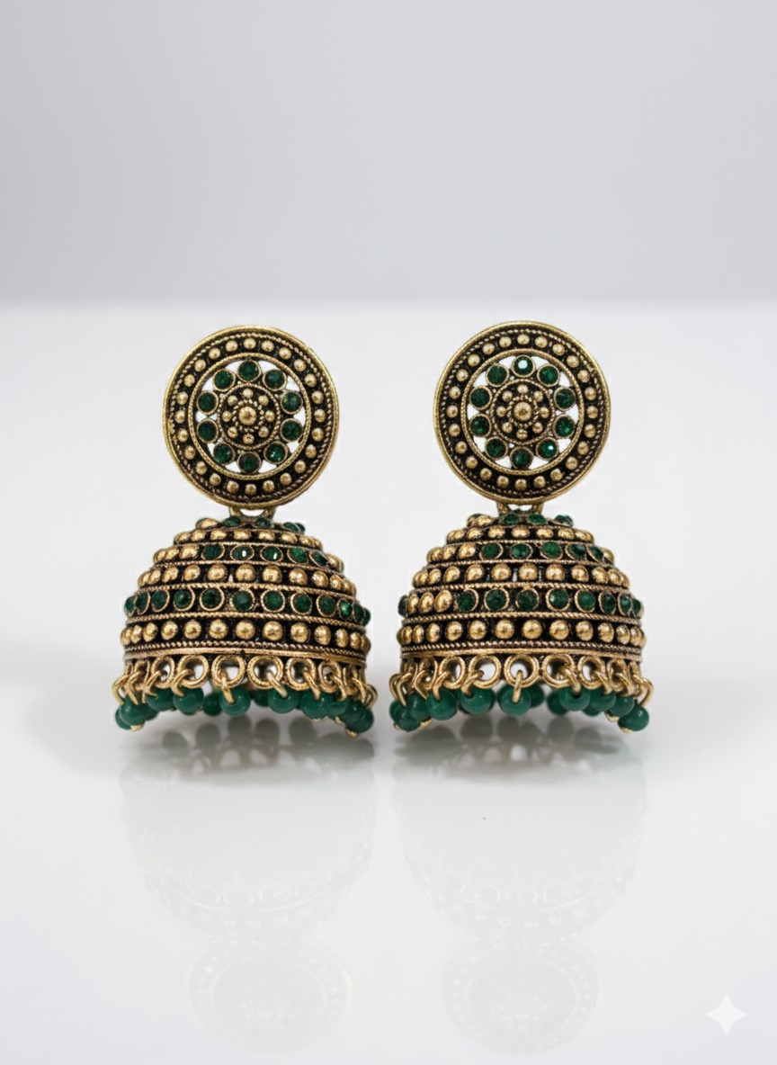 Traditional Gold-Toned Jhumka Earrings with Emerald Green Stones