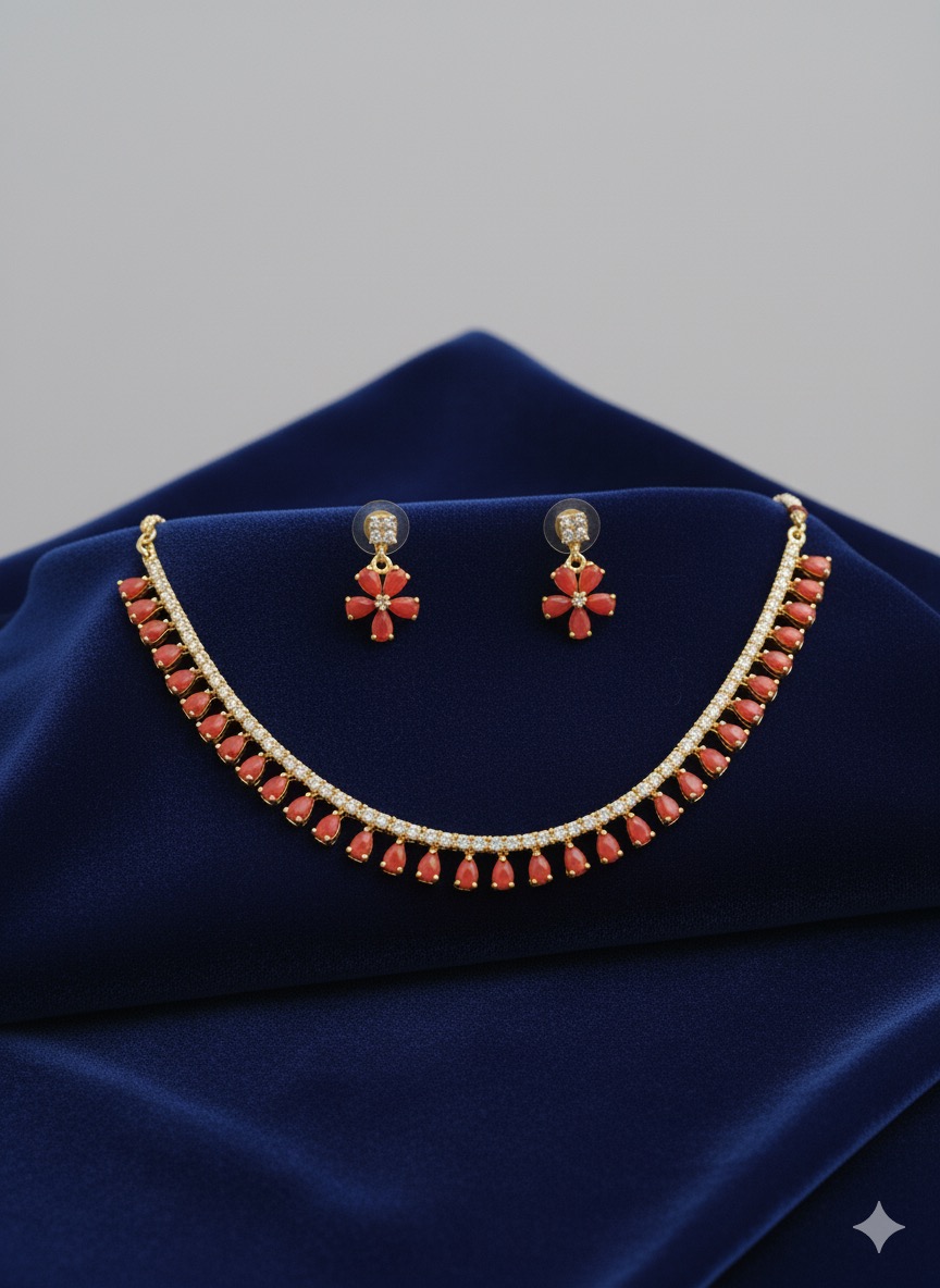 Red Coral Drop and CZ Floral Necklace Set