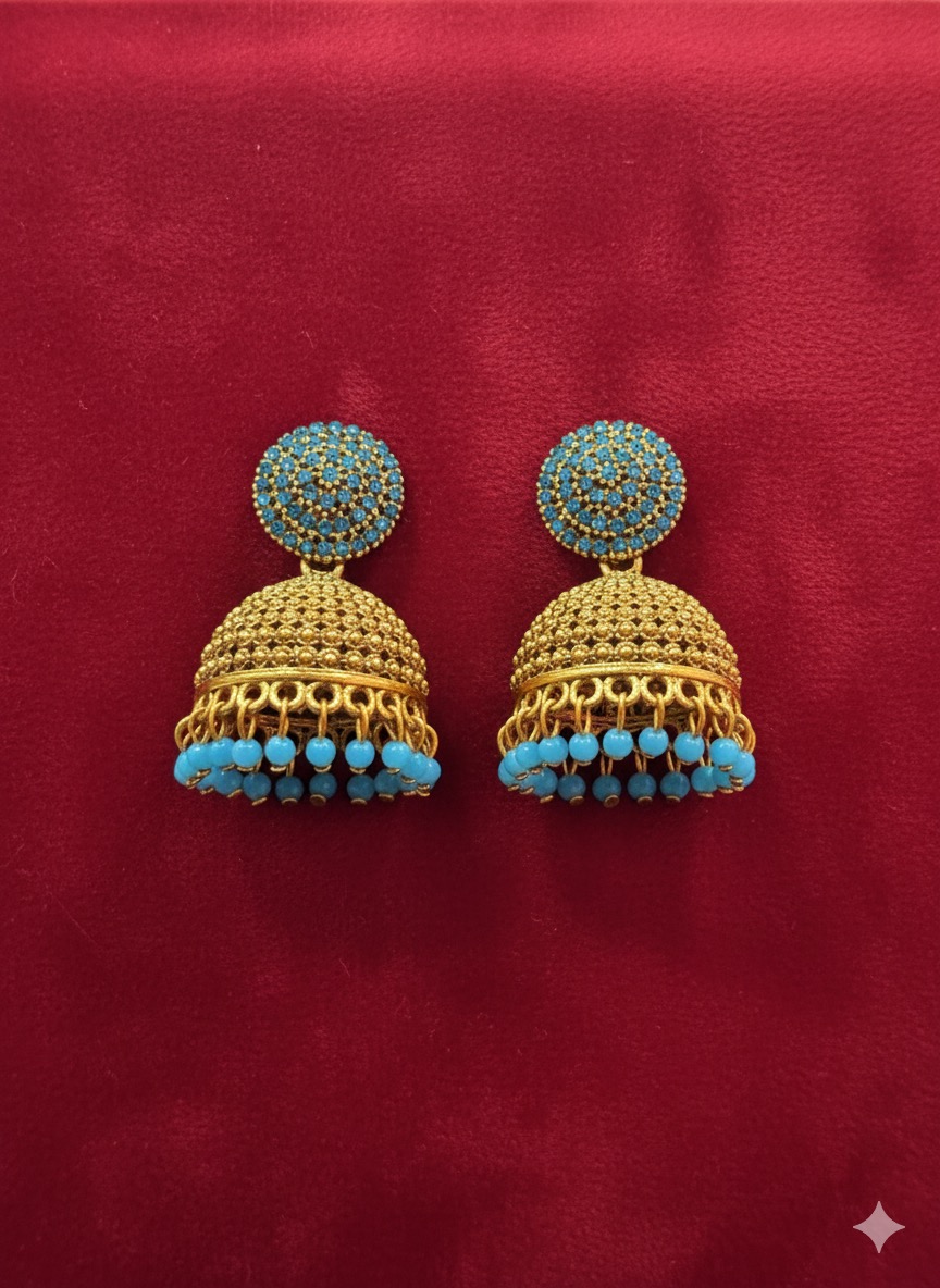 Ethnic Blue Stone Jhumka Earrings with Antique Gold Finish