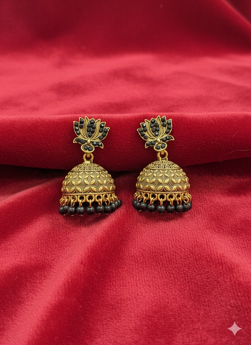 Antique Gold-Plated Lotus Jhumka Earrings with Black Beadsear