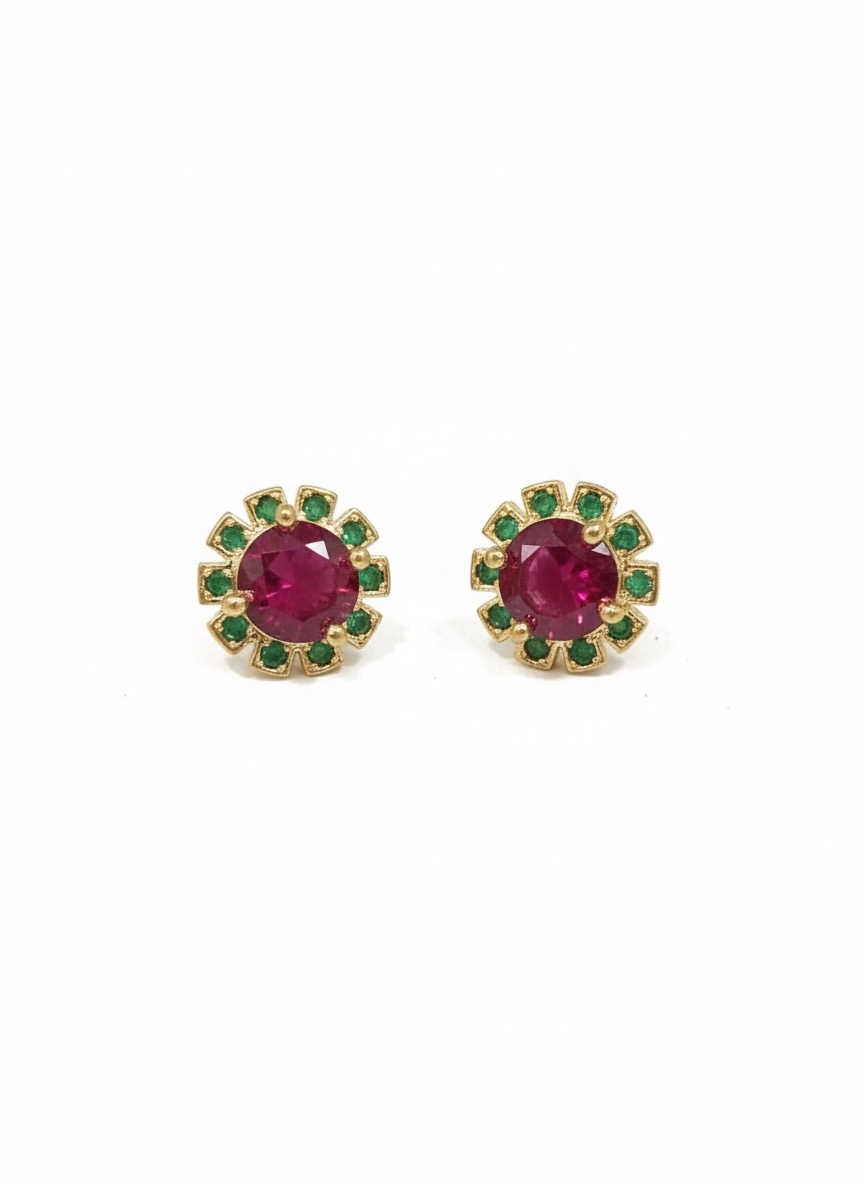 Regal Ruby & Emerald Floral Stud Earrings