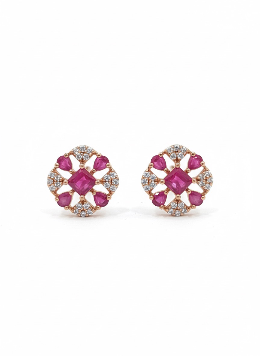 Rose Gold Ruby and Diamond Floral Cluster Stud Earrings