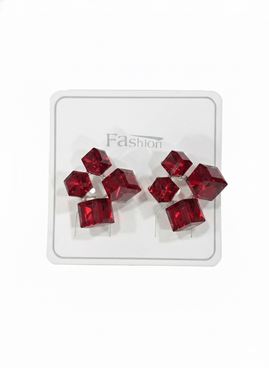 "Ruby Cube" Red Crystal Cluster Stud Earrings