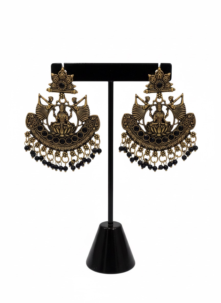 "Divine Dancer" Oxidized Gold-Tone Chandbali Jhumka Earrings with Black Beads